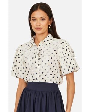 Yumi' Polka Dot Lace Boxy Shirt - White
