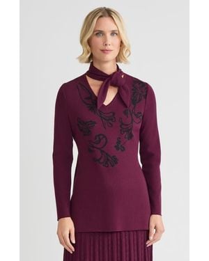 Ming Wang Tie-Neck Floral Jacquard Soft Knit Tunic - Purple
