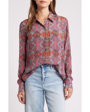 Apny Print Roll-Up Sleeve Chiffon Button-Up Shirt - Blue