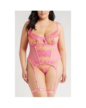 Coquette Embroidered Mesh Underwire Bustier With Garter Straps & Thong Set - Pink