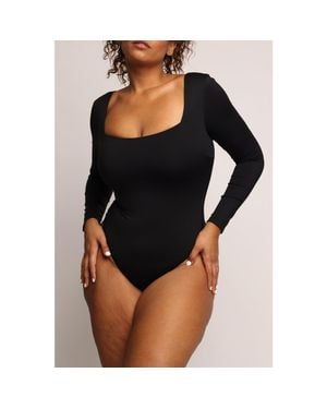 Popilush Shapewear Contour Long Sleeve Square Neck Bodysuit - Black