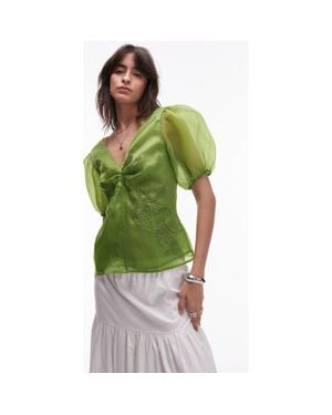 TOPSHOP Embroidered Puff Sleeve Top - Green