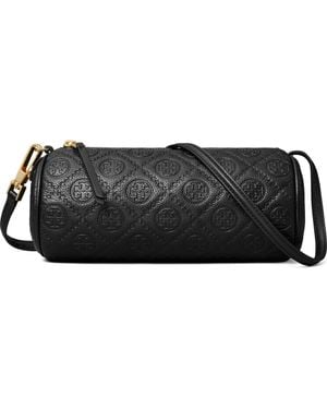 Tory Burch T Monogram Pebble Leather Cylinder Shoulder Bag - Black