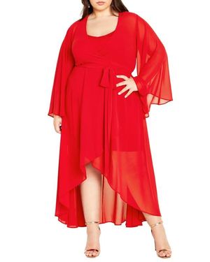 City Chic Fleetwood Long Sleeve Chiffon Wrap Dress - Red