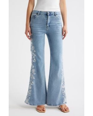 Tractr Flower Embroidered Flare Leg Hems - Blue