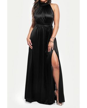 Popilush Built-In Shapewear Draped High Neck Maxi Dress - Black
