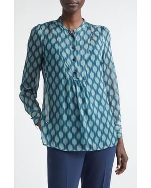 St. John Geometric Print Silk Georgette Top - Blue