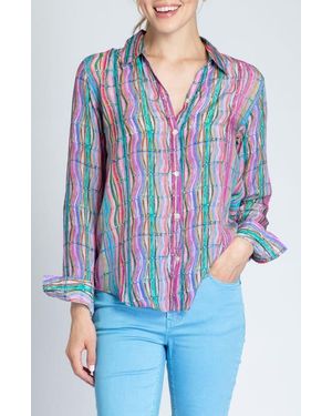 Apny Print Roll-Up Sleeve Chiffon Button-Up Shirt - Blue