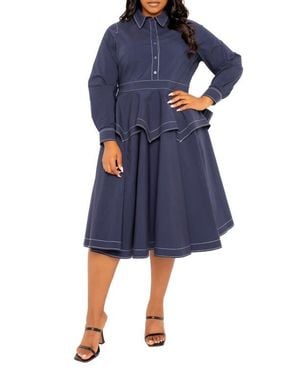 Buxom Couture Topstitched Long Sleeve Peplum Shirtdress - Blue