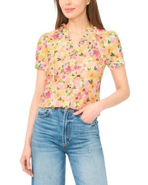 Cece Floral Ruffle Trim Button-Up Top - Blue