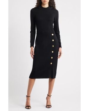Julia Jordan Button Mock Neck Long Sleeve Midi Dress - Black