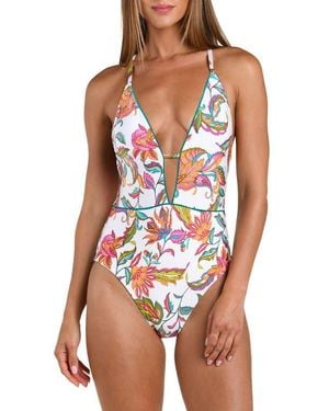 Sunshine 79 Wild Vines Plunge One-Piece Swimsuit - White