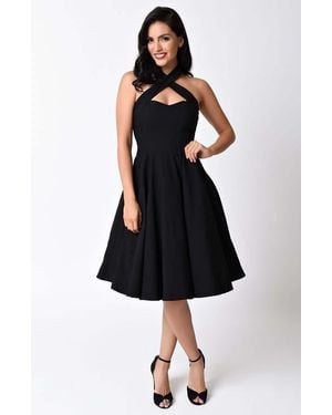 Unique Vintage 1950S Criss Cross Halter Rita Flare Dress - Black