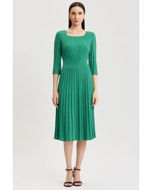 Ming Wang Linear Pointelle Tonal Knit Fit-N-Flare Midi Dress - Green