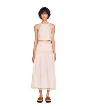 Sandro Long Cotton Skirt With Trim - Pink