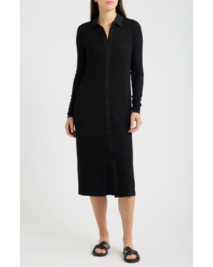Cloth & Stone Front Button Long Sleeve Rib Midi Dress - Black