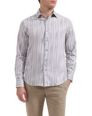 Bugatchi Julian Shaped Fit Brushstroke Stripe Print Stretch Cotton Button-Up Shirt - Gray