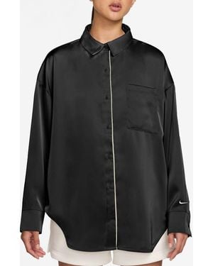 Nike Oversize Satin Button-Up Top - Black