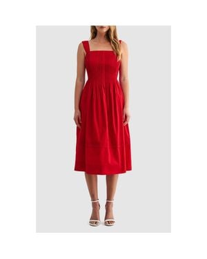 Mila + Mate Pleat Bodice Cotton Midi Dress - Red