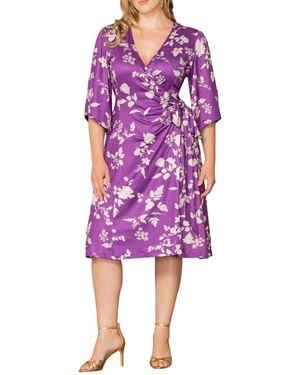 Kiyonna Gemini Floral Bell Sleeve Wrap Dress - Purple