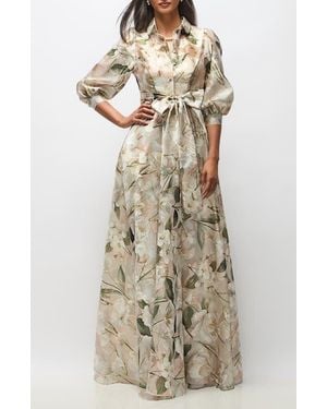 After Six Marie Metallic Floral Tie Waist Organza Gown - Natural