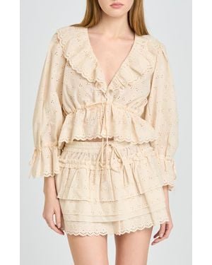 Wayf Sophia Eyelet Lace Trim Babydoll Crop Top - Natural