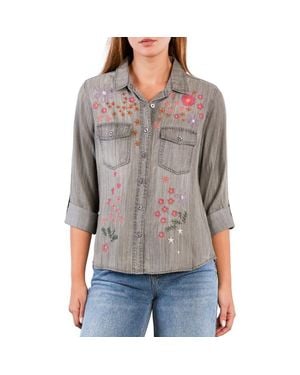 Billy T Floral Crush Embroidered Denim Shirt - Gray