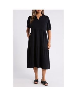 Caslon Puff Sleeve Cotton Gauze Midi Dress - Black