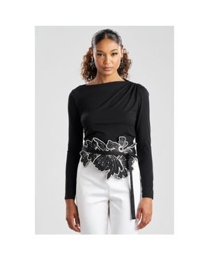 Natori Cotton Chino Embroidered Obi Belt - Black