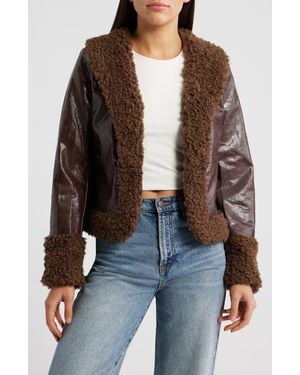 Princess Polly Found A Reason Faux Leather & Faux Shearling Trim Crop Jacket - Black