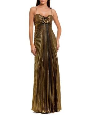Mac Duggal Petite Pleated Metallic Gown With Thin Straps And 3D Floral Detail - Brown