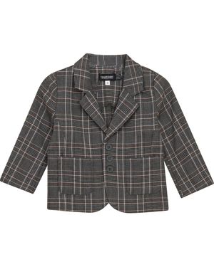 Space Grey Front Button Woven Plaid Blazer - Gray