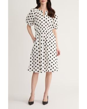 Kasper Polka Dot Puff Sleeve Elastic Waist Stretch Cotton Dress - Natural