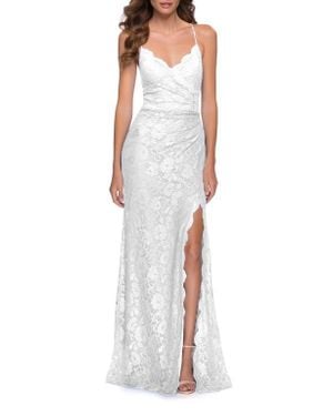 La Femme Lace Long Dress With Scallop Detail On Skirt Slit - White