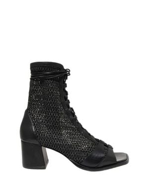 Daniella Shevel Raffia Lace-Up Leather Ankle Booties - Black