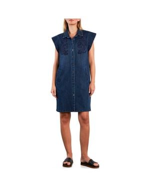 Wash Lab Denim Sundrift Embroidered Faded Cotton Blend Denim Shirtdress - Blue