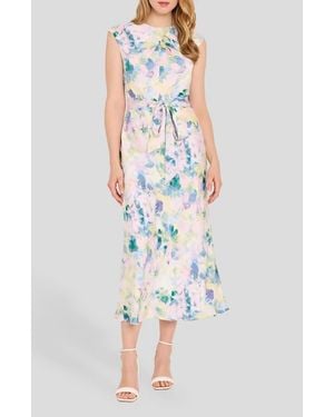 Tahari Abstract Print Cross Neck Sleeveless Midi Dress - Multicolor