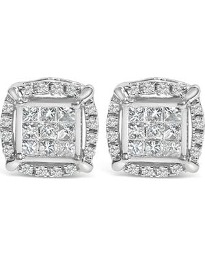 Haus of Brilliance Sterling 1/2 Cttw Princess Cut Diamond Composite And Halo Stud Earrings - Metallic