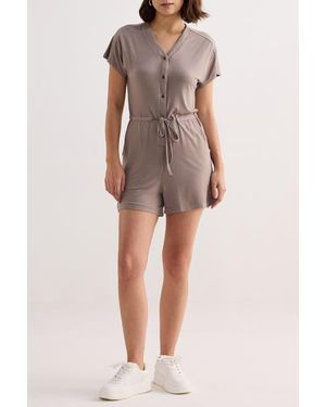 REISTOR V Neck Drawstring Knit Romper - Natural