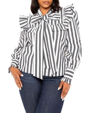Buxom Couture Stripe Ruffle Bow Neck Shirt - Black