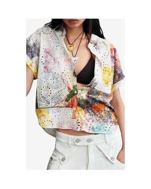 Desigual Floral Print Eyelet Button-Up Shirt - Gray