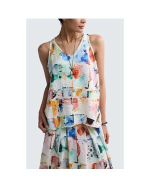 Luukaa Orielle Painterly Print Linen V-Neck Top - Blue