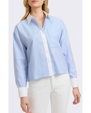 Foxcroft Marina Contrast Trim Cotton Button-Up Shirt - Blue