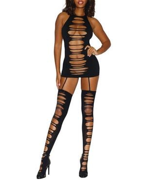 Dreamgirl Strappy Seamless Garter Body-Con Dress With Thigh High Stockings - Black