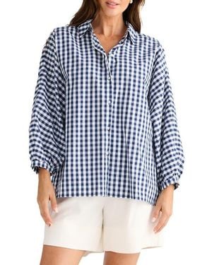 Brave+True Monty Gingham Balloon Sleeve Button-Up Shirt - Blue