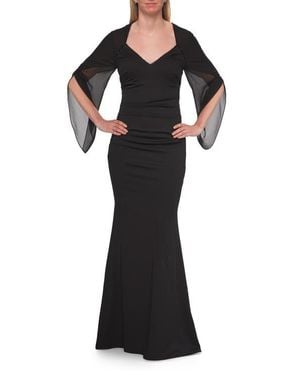 La Femme V-Neck Gown With Sheer Flutter Sleeves - Black