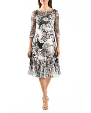 Komarov Illusion Neck Lace & Charmeuse Cocktail Dress - Black