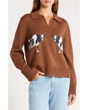FARM Rio Countryside Cow Split Neck Sweater - Blue