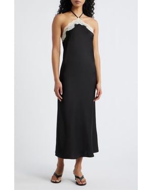 Lucy Paris Celia Lace Trim Halter Satin Dress - Black