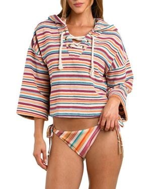 L'Agence Lee Watercolor Stripe Crop Cotton Terry Cover-Up Poncho - Red